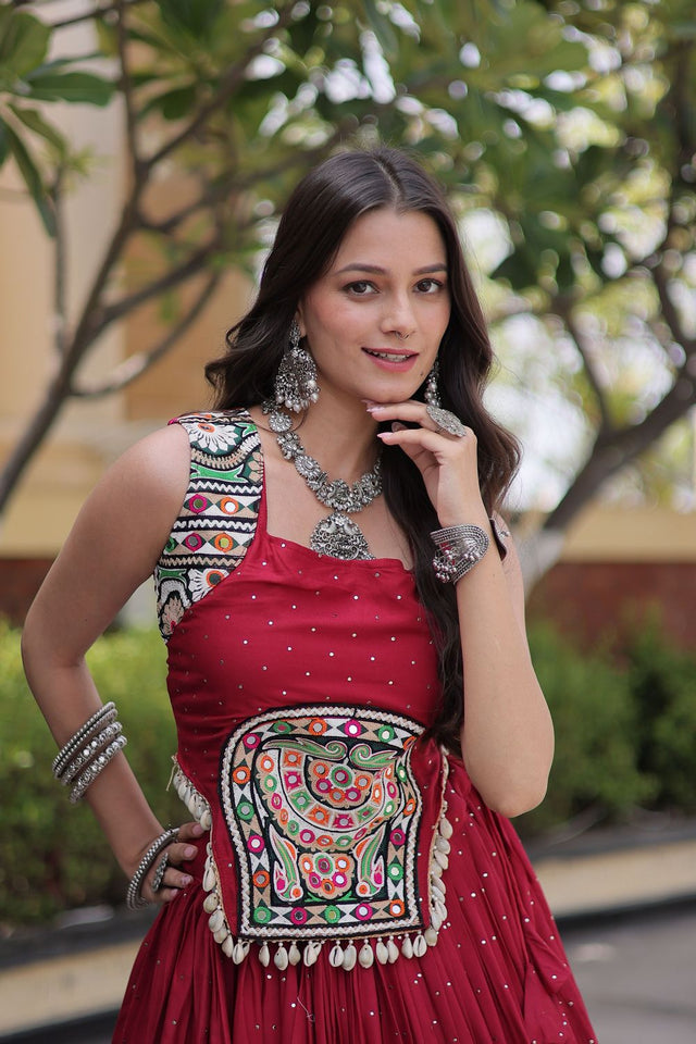 Maroon Printed with Embroidered Rayon Lehenga (ACB1258)