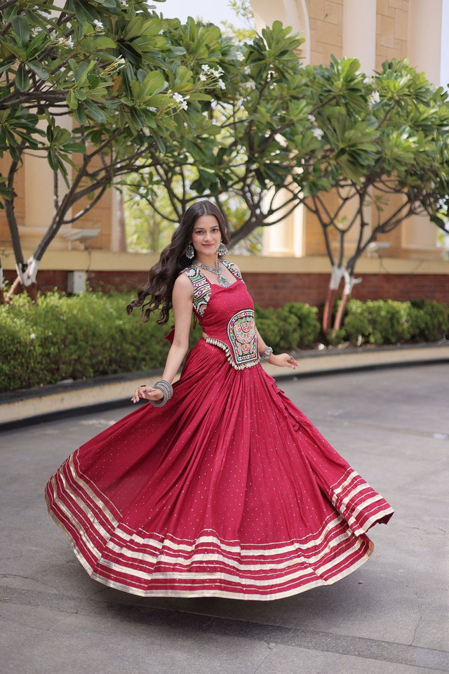 Maroon Printed with Embroidered Rayon Lehenga (ACB1258)