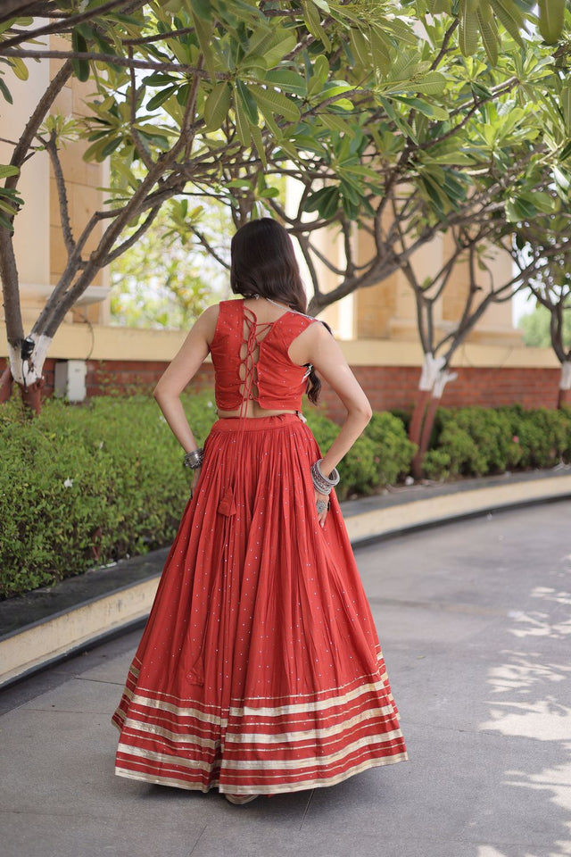 Rust Printed with Embroidered Rayon Lehenga (ACB1259)