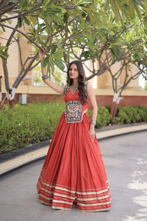 Rust Printed with Embroidered Rayon Lehenga (ACB1259)