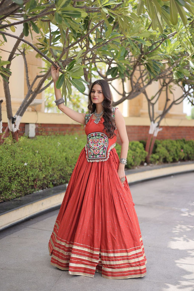 Rust Printed with Embroidered Rayon Lehenga (ACB1259)