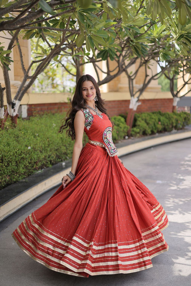 Rust Printed with Embroidered Rayon Lehenga (ACB1259)