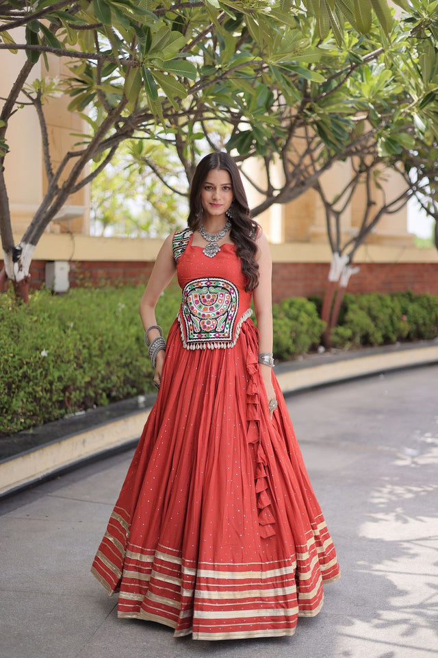 Rust Printed with Embroidered Rayon Lehenga (ACB1259)