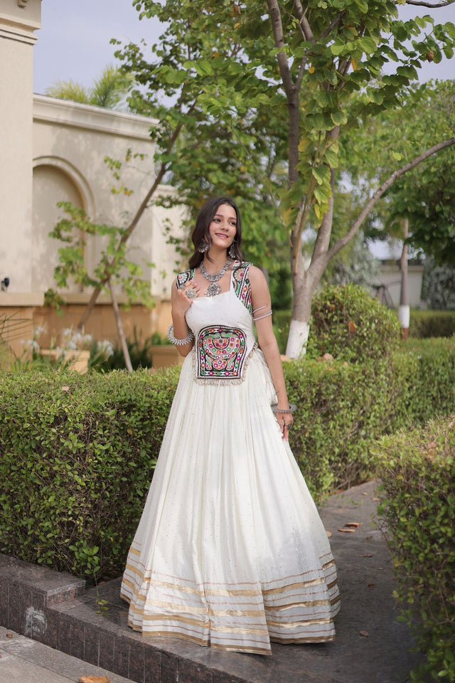 White Printed with Embroidered Rayon Lehenga (ACB1260)