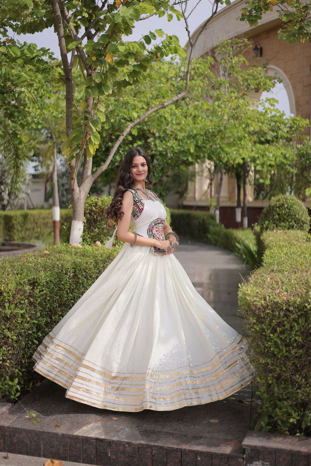 White Printed with Embroidered Rayon Lehenga (ACB1260)