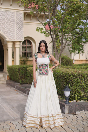 White Printed with Embroidered Rayon Lehenga (ACB1260)