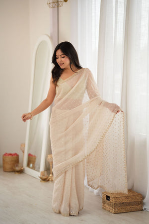 White Sequin with Embroidered Silk Saree (ACB1262)