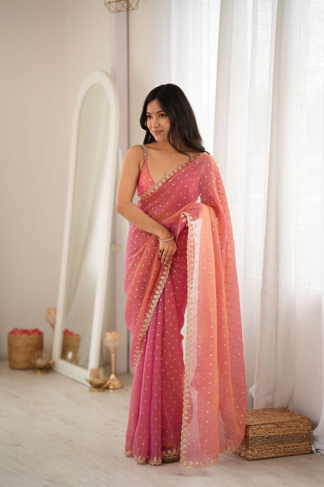 Pink Sequin with Embroidered Silk Saree (ACB1263)