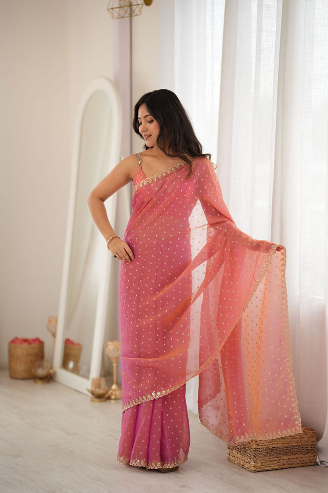 Pink Sequin with Embroidered Silk Saree (ACB1263)
