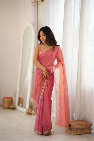Pink Sequin with Embroidered Silk Saree (ACB1263)