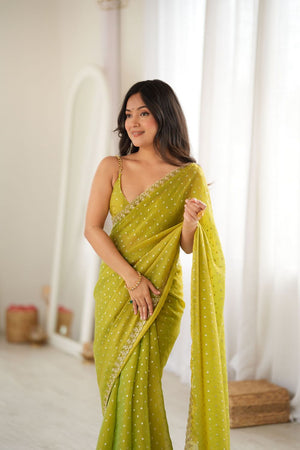 Olive Green Sequin with Embroidered Silk Saree (ACB1266)