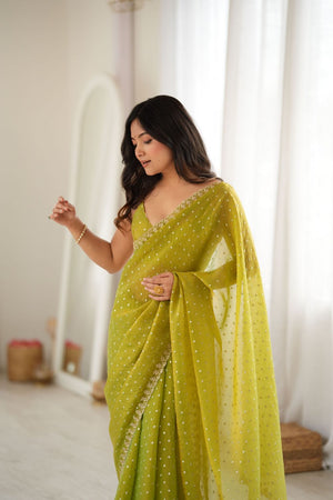 Olive Green Sequin with Embroidered Silk Saree (ACB1266)