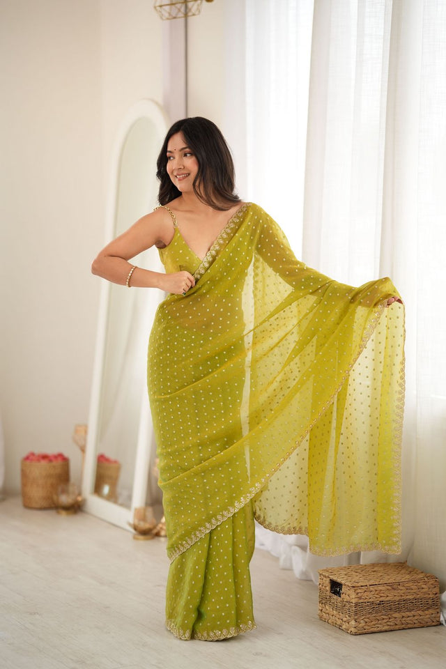 Olive Green Sequin with Embroidered Silk Saree (ACB1266)