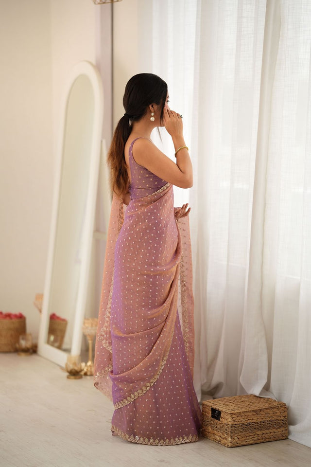 Peach Sequin with Embroidered Silk Saree (ACB1267)