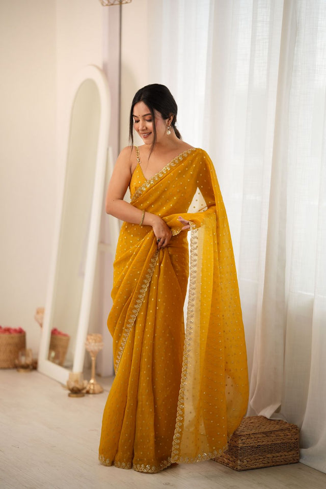 Yellow Sequin with Embroidered Silk Saree (ACB1269)