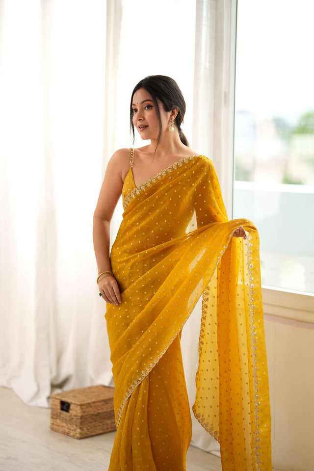 Yellow Sequin with Embroidered Silk Saree (ACB1269)