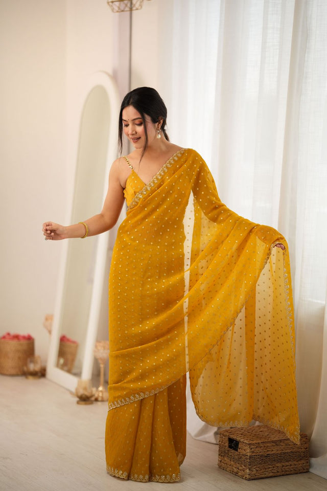 Yellow Sequin with Embroidered Silk Saree (ACB1269)