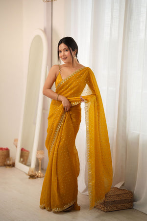 Yellow Sequin with Embroidered Silk Saree (ACB1269)