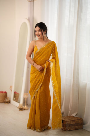 Yellow Sequin with Embroidered Silk Saree (ACB1269)