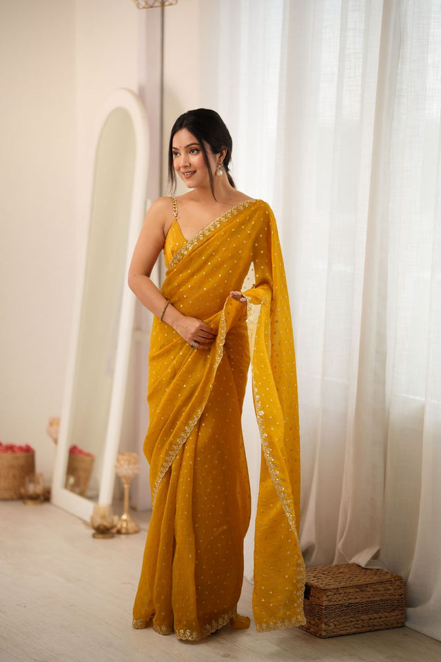 Yellow Sequin with Embroidered Silk Saree (ACB1269)