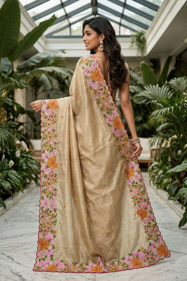 Beige Floral Embroidered Silk Saree (ACB1270)