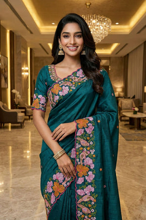 Green Floral Embroidered Silk Saree (ACB1271)