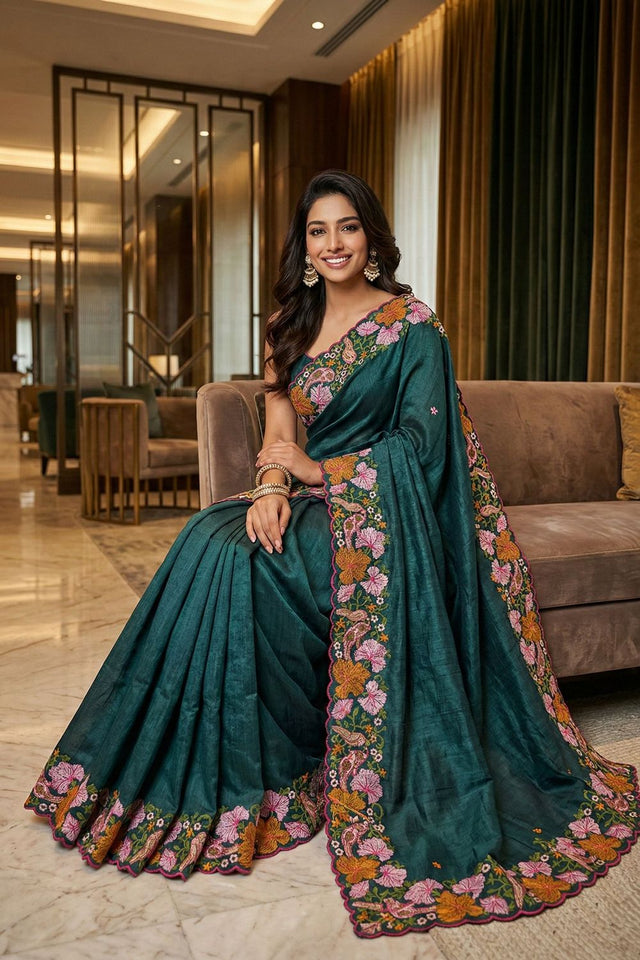 Green Floral Embroidered Silk Saree (ACB1271)