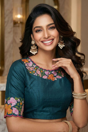 Green Floral Embroidered Silk Saree (ACB1271)