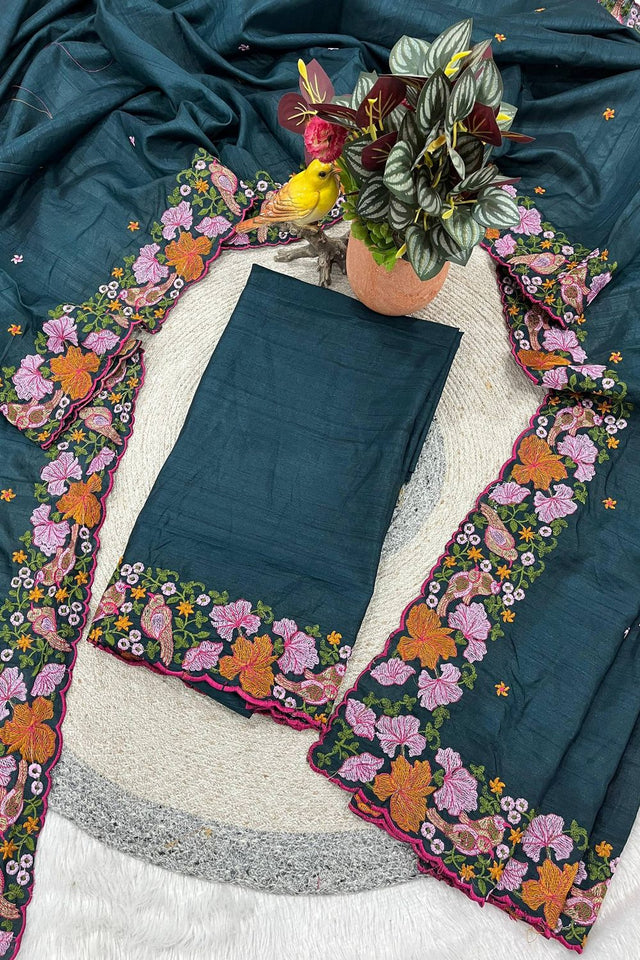Green Floral Embroidered Silk Saree (ACB1271)