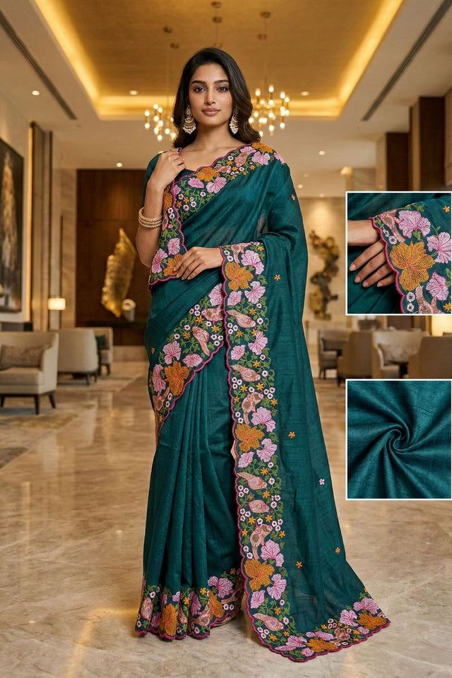 Green Floral Embroidered Silk Saree (ACB1271)