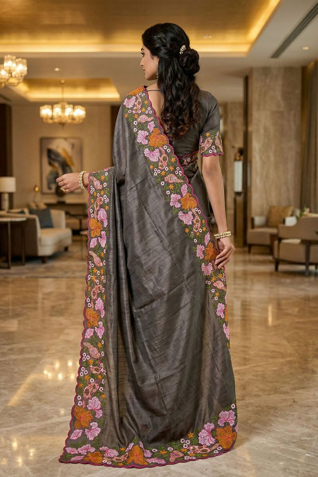 Grey Floral Embroidered Silk Saree (ACB1272)