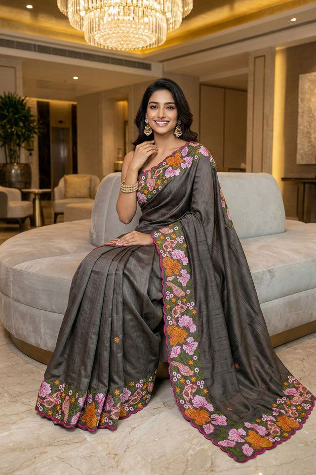 Grey Floral Embroidered Silk Saree (ACB1272)