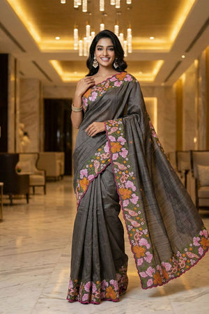 Grey Floral Embroidered Silk Saree (ACB1272)