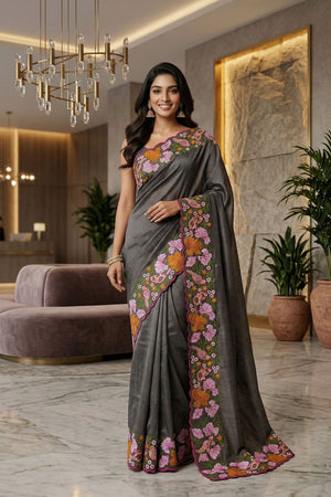 Grey Floral Embroidered Silk Saree (ACB1272)