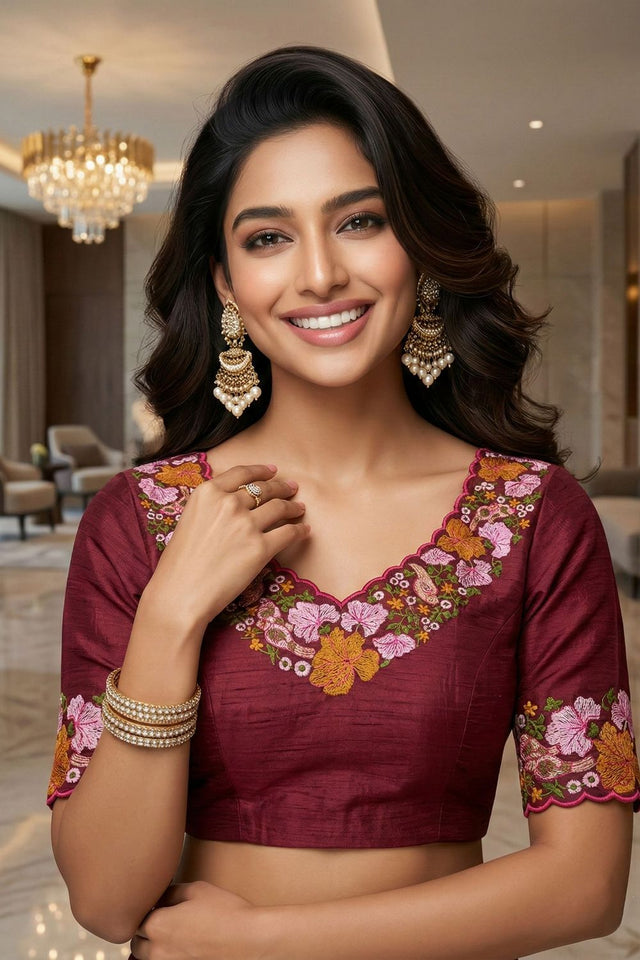 Maroon Floral Embroidered Silk Saree (ACB1273)
