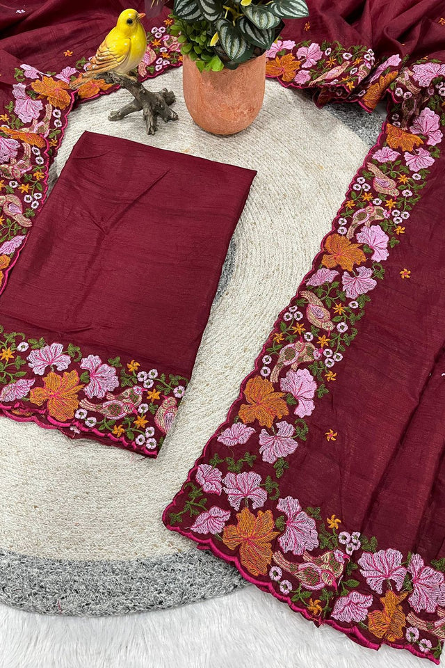 Maroon Floral Embroidered Silk Saree (ACB1273)