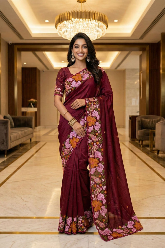 Maroon Floral Embroidered Silk Saree (ACB1273)