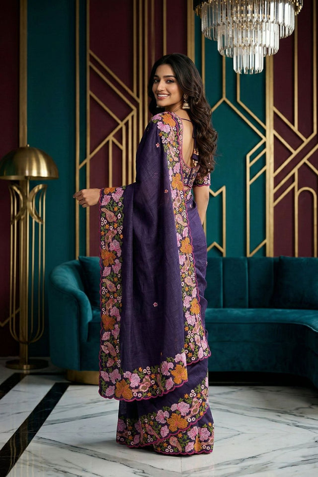 Purple Floral Embroidered Silk Saree (ACB1274)