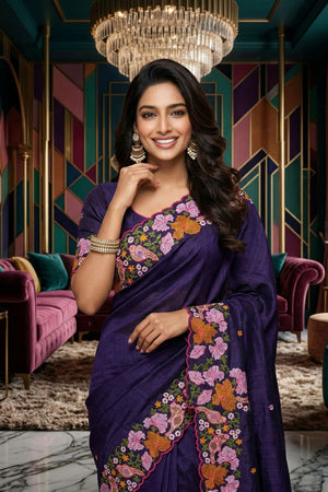 Purple Floral Embroidered Silk Saree (ACB1274)