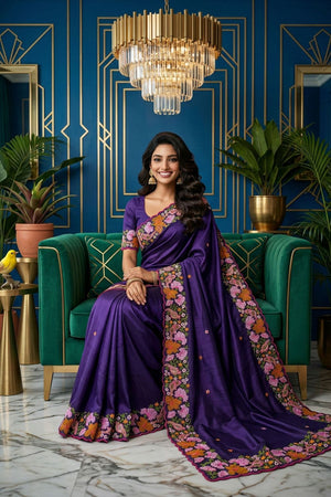 Purple Floral Embroidered Silk Saree (ACB1274)