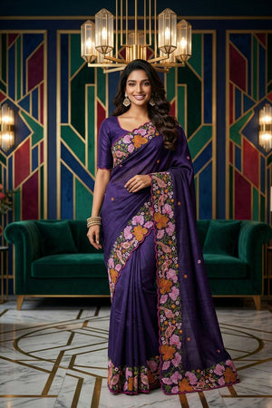 Purple Floral Embroidered Silk Saree (ACB1274)