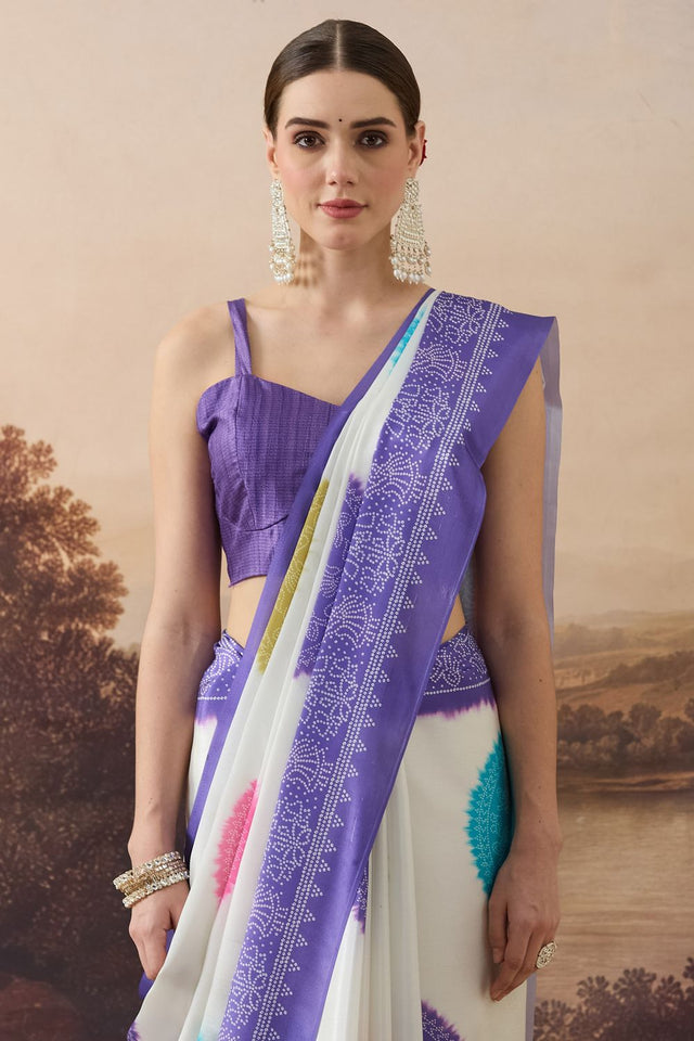 Lavender Bandhani Printed Satin Ready to Wear Saree (ACB1276)