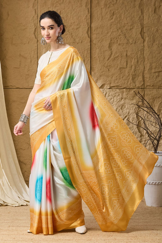 Yellow Bandhani Printed Satin Ready to Wear Saree (ACB1278)