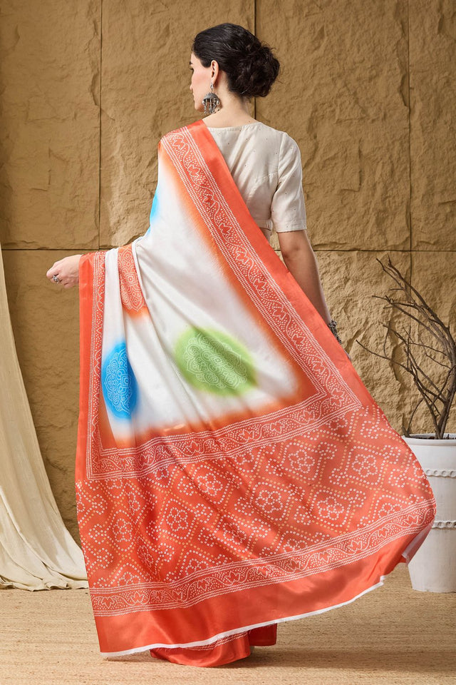 Orange Bandhani Printed Satin Ready to Wear Saree (ACB1279)