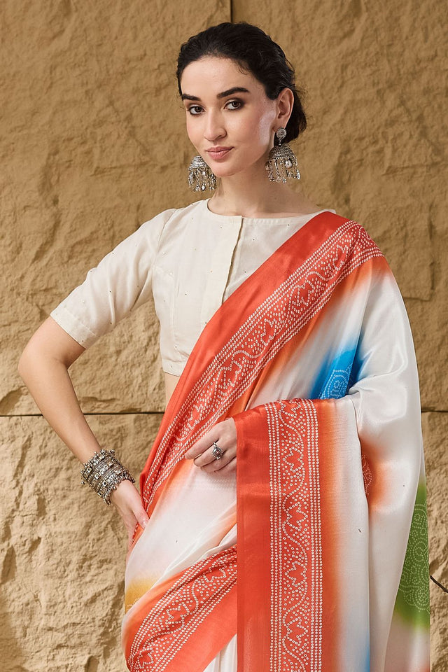 Orange Bandhani Printed Satin Ready to Wear Saree (ACB1279)