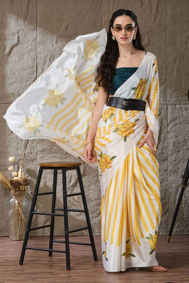 Yellow Printed Satin Ready to Wear Saree (ACB1280)