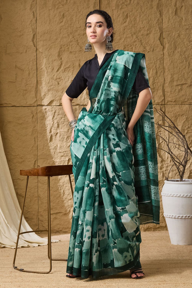 Green Printed Silk Blend Ready to Wear Saree (ACB1281)