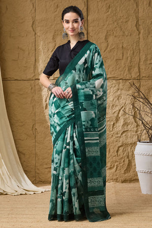 Green Printed Silk Blend Ready to Wear Saree (ACB1281)
