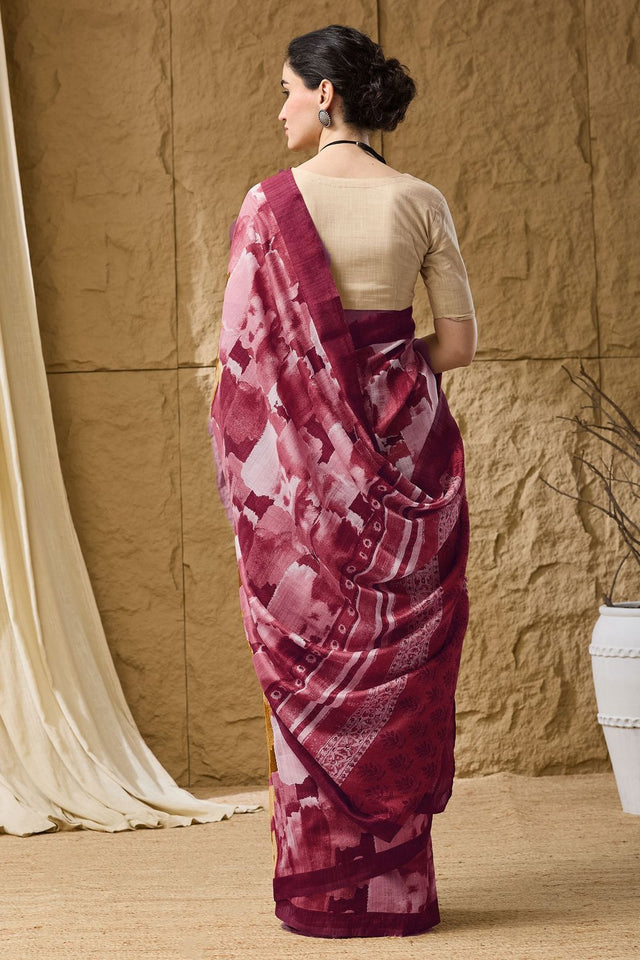 Red Printed Silk Blend Ready to Wear Saree (ACB1282)