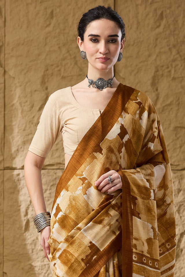 Mustard Printed Silk Blend Ready to Wear Saree (ACB1283)